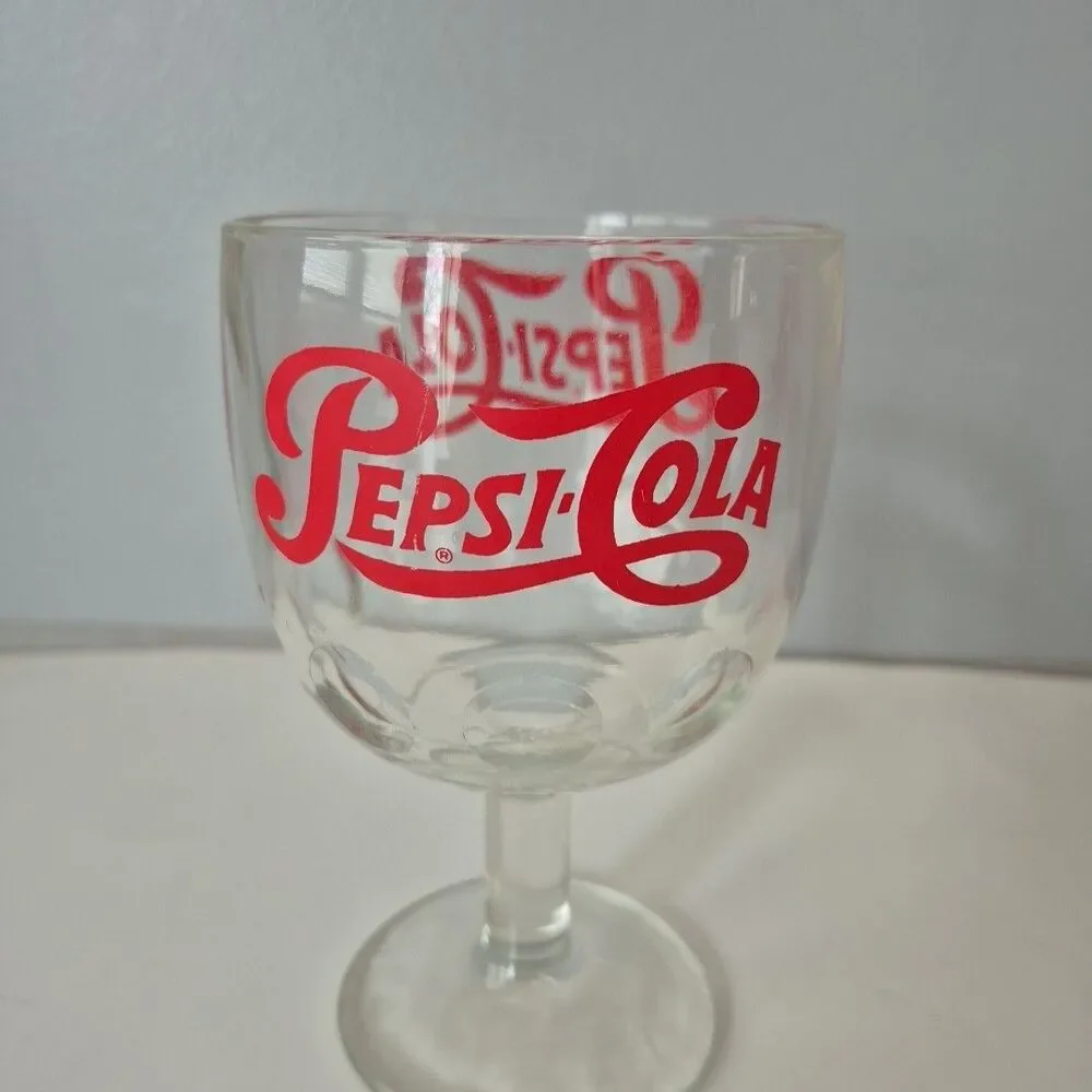 Pepsi Cola VTG Thick Clear Thumbprint Goblet Red Script Logo Pedestal Glass 16OZ